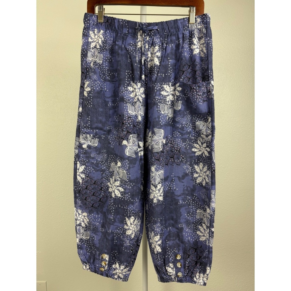 Women's Blue Boho Floral Cropped Pants Hippie Batik Artsy Harem Lagenlook XL